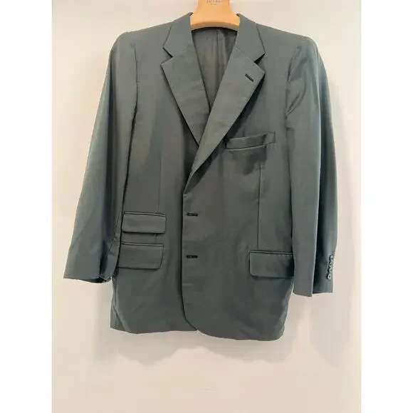 Holland & Sherry 2 Piece 3 Button Suit Dark Sage Green Pleated Pants 44 / 37 JL
